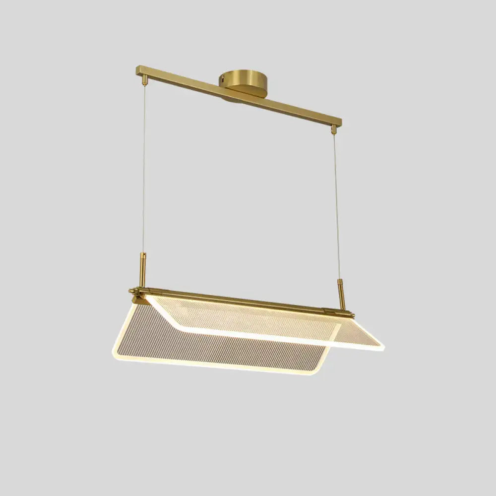 Modern gold-toned DecorBites™ minimalistic acrylic dining pendant light with rectangular mesh folding island diffuser