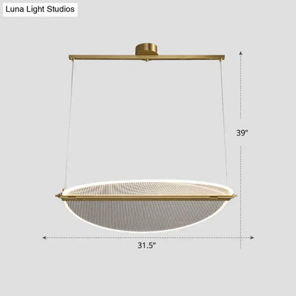 Modern gold-toned pendant light with oval mesh diffuser for minimalistic acrylic dining folding island light by DecorBites