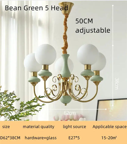 Mint and gold cream style led chandelier with ceramic body and frosted glass globes for dining room decorbites cream style