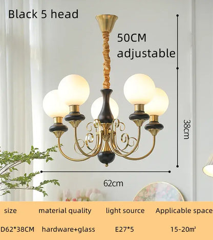 Black and gold five-light spherical glass chandelier for dining room featuring decorbites cream style led design