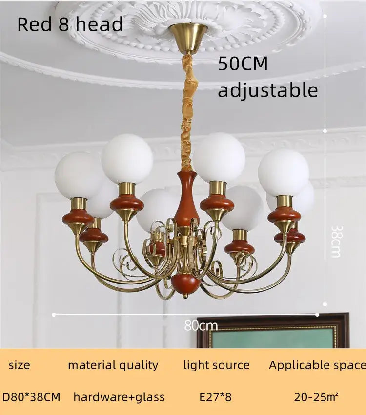 A classic brass and red wood style led chandelier with frosted glass globes for dining room decorbites cream style lighting