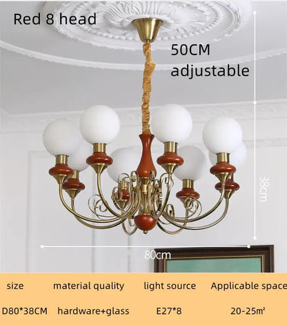 A classic brass and red wood style led chandelier with frosted glass globes for dining room decorbites cream style lighting