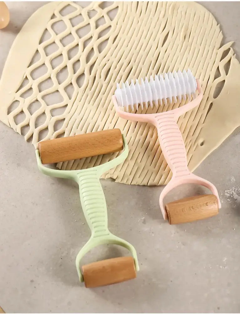 Mint and pink pastel decorbites dough roller rolling pins with wooden ergonomic handles and grid knife kitchen tools
