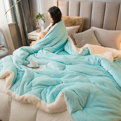 Cozy turquoise and cream sherpa blanket with plush soft texture in mint and cream flannel duvet cover decorbites cozy dual