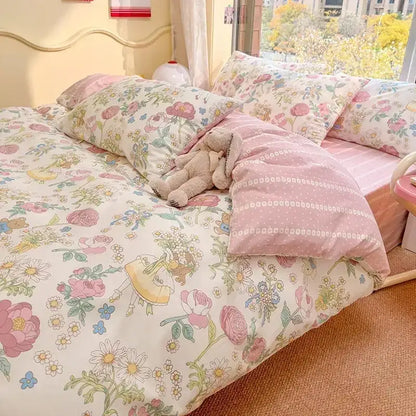Mint and cream floral print cotton bedding set featuring pastel comforter with embroidered fairy and botanical motifs