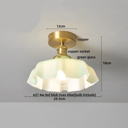 Vintage-style ceiling light with brass copper finish and ruffled mint green blue flower glass shade for bedroom decorbites blue flower