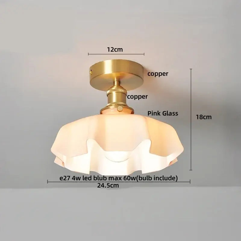 Vintage-style ceiling light with copper base and pink ruffled glass shade for decorbites blue flower blue flower glass design