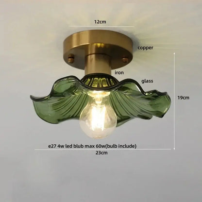 Mint green blue flower glass ceiling light with a green glass leaf pendant and copper iron mounting base decorbites blue flower