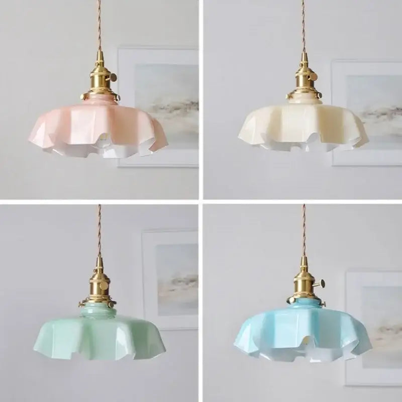 Mint green blue flower glass ceiling light with pastel ruffled glass pendants and brass fixtures for decorbites blue flower decor