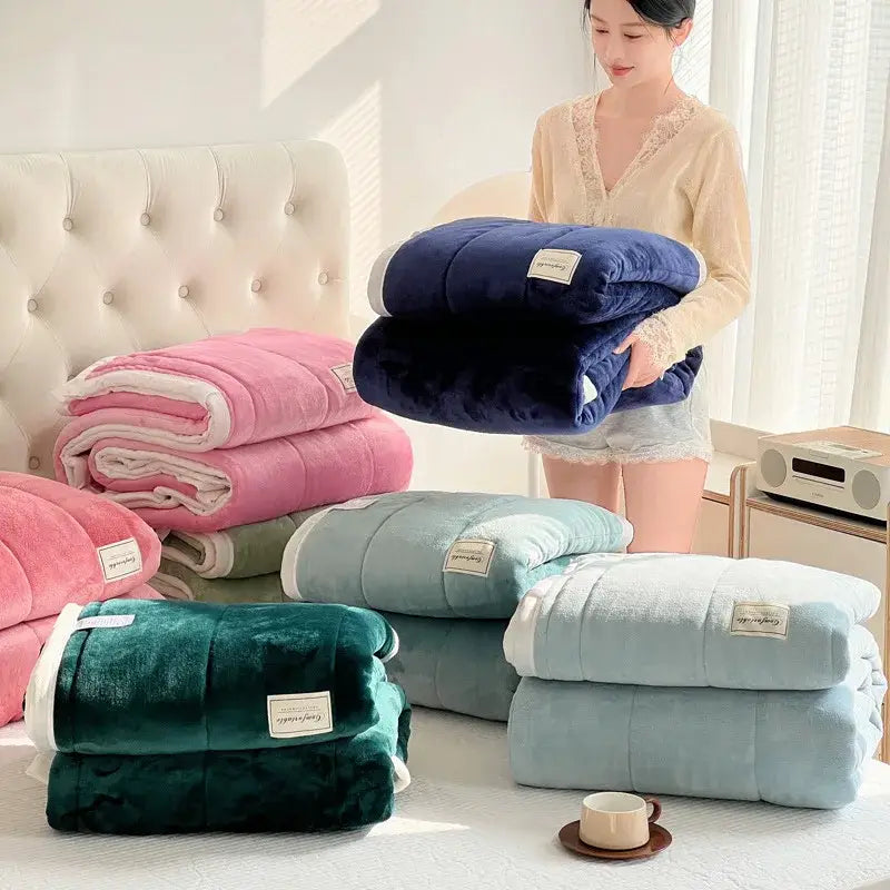 A plush navy blue quilt with soft velour texture and white lining from decorbites cozy imitation lamb’s wool collection