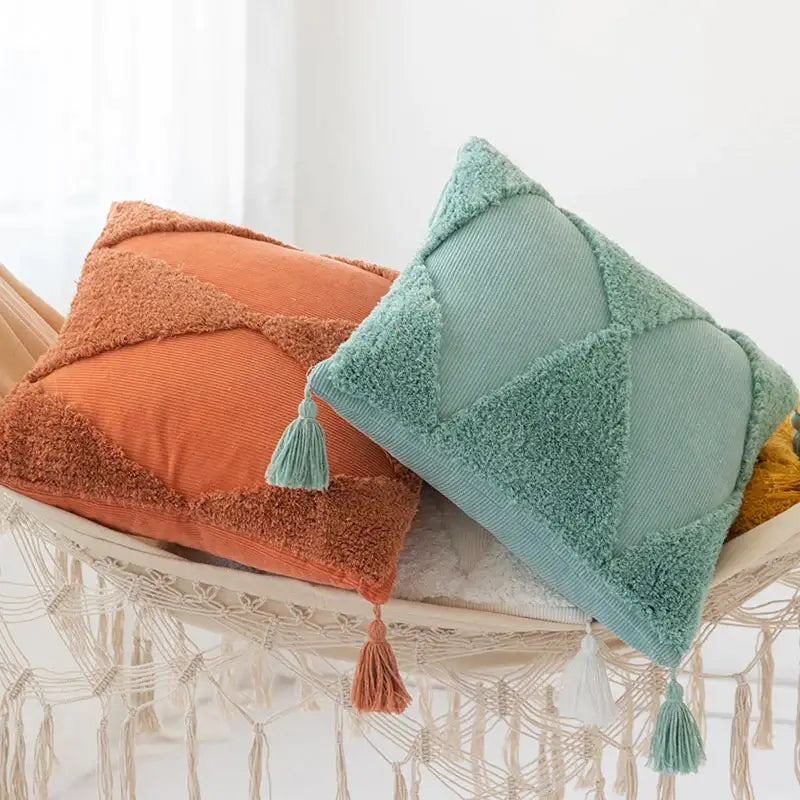 Orange and teal corduroy patchwork tassel cushion cover with diamond design for living room decor