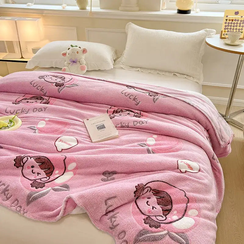 Pink plush blanket with cute cartoon girls and lucky day text paired with decorbites dinosaur patterns snowflake velvet blanket