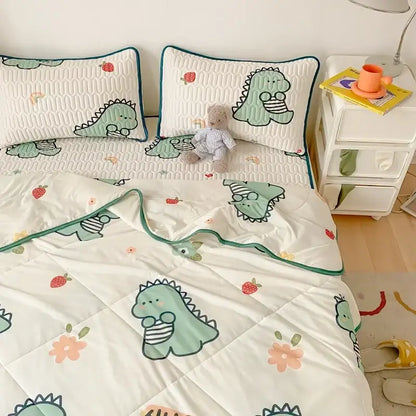 Mint green dinosaur summer quilt and latex fitted sheet set with strawberry and flower patterns on white background