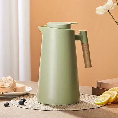 Mint green double glazed thermos kettle kitchen pitcher with wooden handle and matching lid for insulated water storage