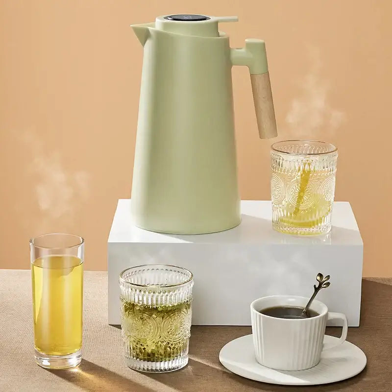 Mint green double glazed thermos kettle kitchen pitcher with wooden handle and digital temperature display