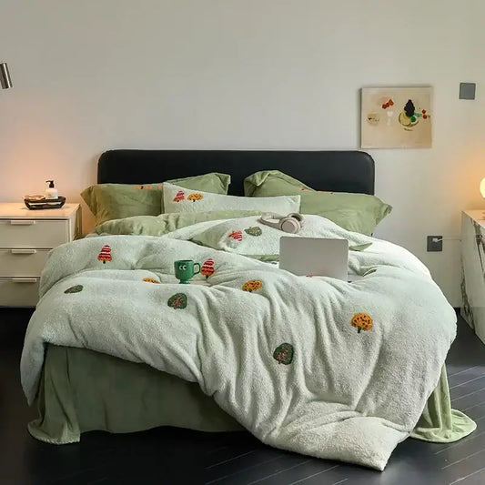 Soft mint green plush blanket with embroidered autumn tree motifs in matte ant velvet duvet set for bedroom use