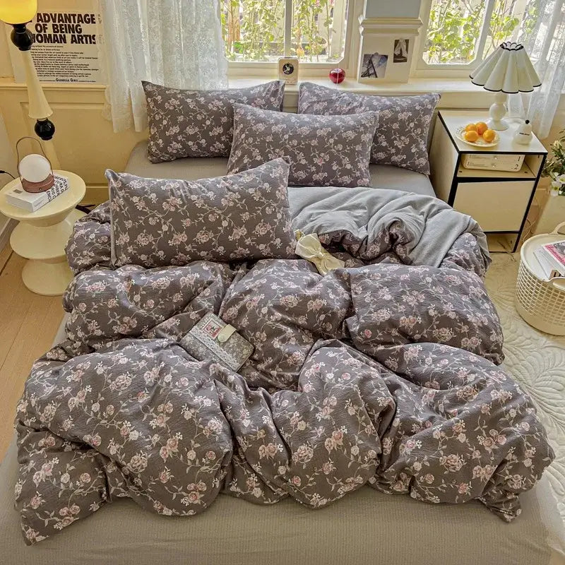 Gray floral duvet cover set with soft textured fabric and delicate pink blossoms for a mint green double layer yarn bedroom