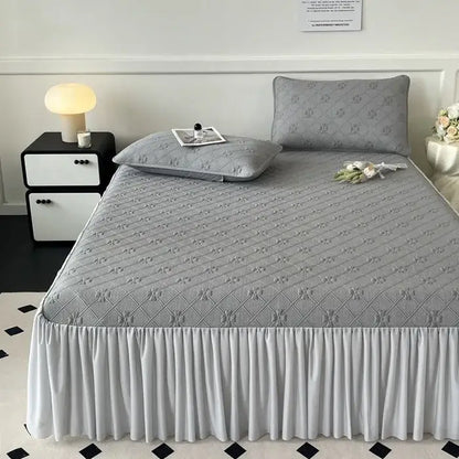 Gray quilted bed skirt set with diamond pattern and ruffled hem for mint green floral bedroom mattress mat