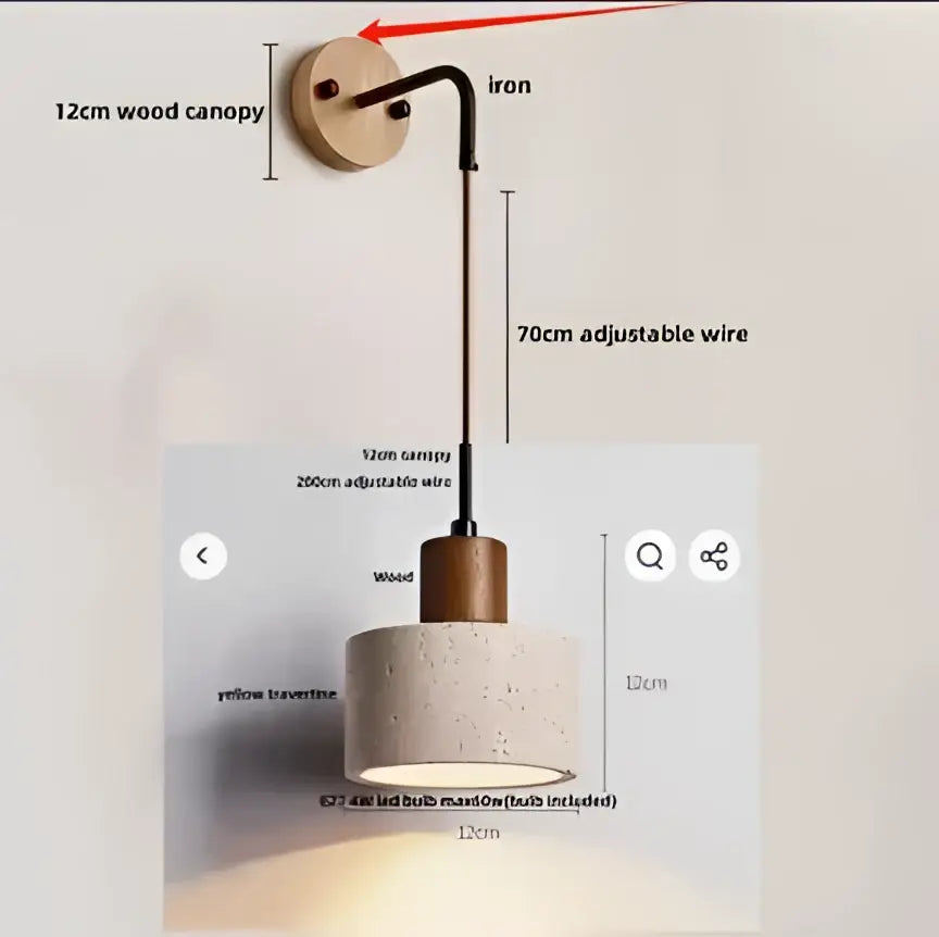 Minimalist wall lamp sconce with a 12cm wooden canopy, adjustable iron wire stem, and concrete cylindrical shade