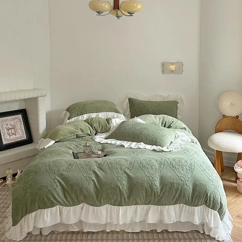 Mint green embroidered bedding set with white ruffled trim in decorbites french carved velvet design for bedroom decor