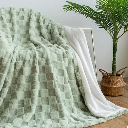 Mint green geometric jacquard flannel sofa cover with textured checkered pattern for living room decorbites blanket