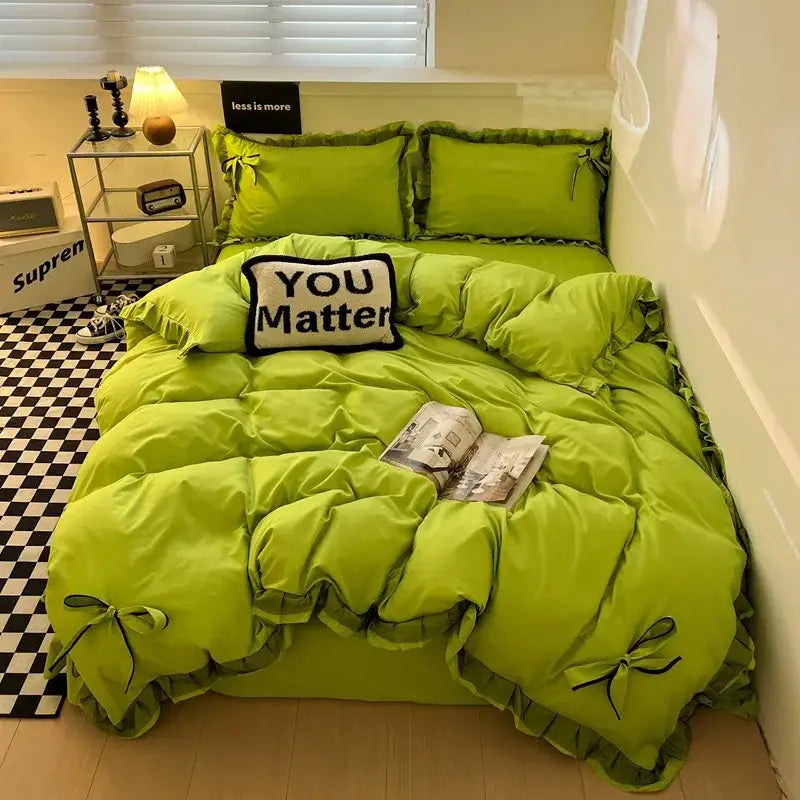 Vibrant lime green ruffled cotton embroidery bedding set with black bow accents and matching pillow from decorbites cotton embroidery