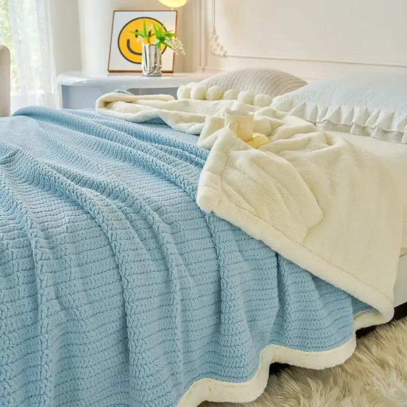 Mint and white cozy faux rabbit fur blanket with light blue ribbed plush and cream fleece lining for bedroom decorbites cozy faux