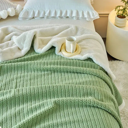 Soft mint green ribbed fleece blanket with cozy faux rabbit fur plush white lining for bedroom decorbites cozy faux throw