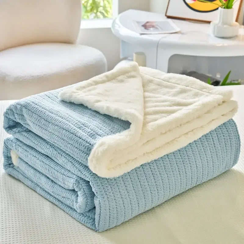 Mint and white cozy faux rabbit fur blanket with light blue fleece and plush white lining for bedroom decorbites cozy faux throw