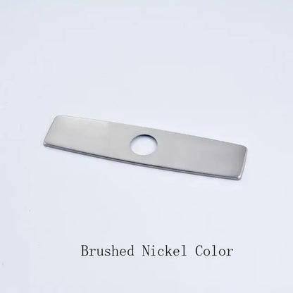Brushed nickel rectangular metal deck plate escutcheon with central hole for 10 inch kitchen bathroom sink cover
