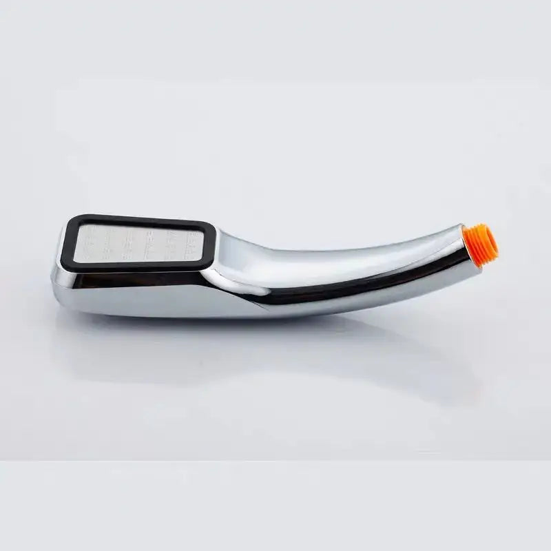 Chrome finished handheld shower head with black control panel and orange threaded connector for modern abs chrome square rainfall