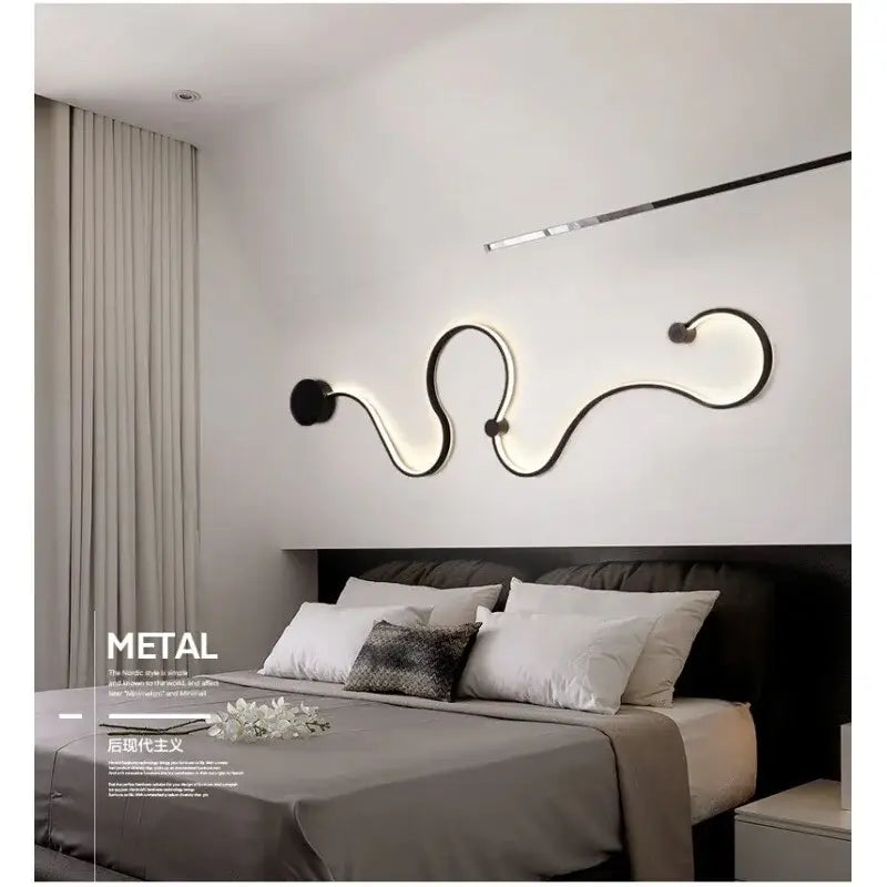 Modern abstract black iron body wall lamp with sleek curved design and integrated led lighting for bedroom decorbites iron body