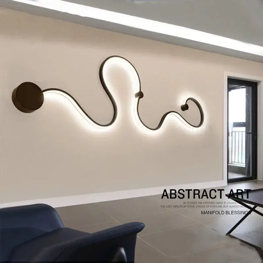 Modern abstract wall lamp with sleek black iron body and glowing white light featuring three circular accents for decorbites