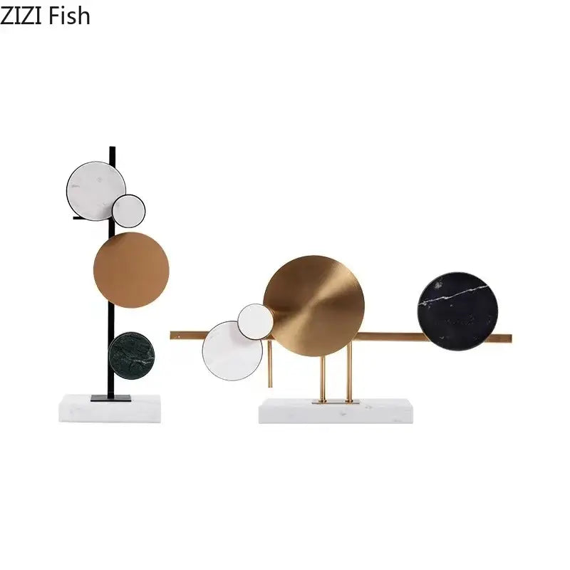 Modern abstract circular marble sculpture with brass discs on minimalist metal stands for living room decorbites circular decor