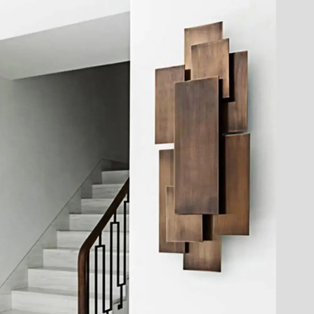 Modern abstract dark wood wall sconce with layered wooden panels and direct wired 110v-120v stairway light