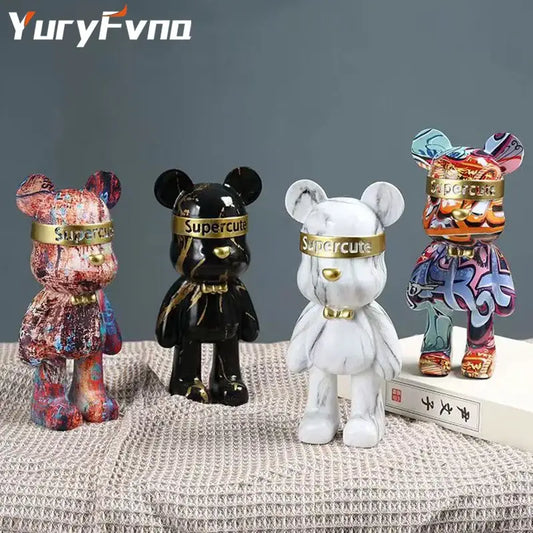 Four colorful stylized bear figurines with gold supercute bands for modern abstract graffiti home decorbites bear decor