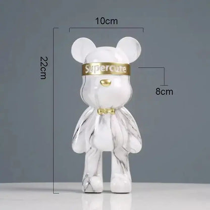Modern abstract graffiti bear figurine in white marble pattern with gold accents and supercute band home decor decorbites graffiti bear