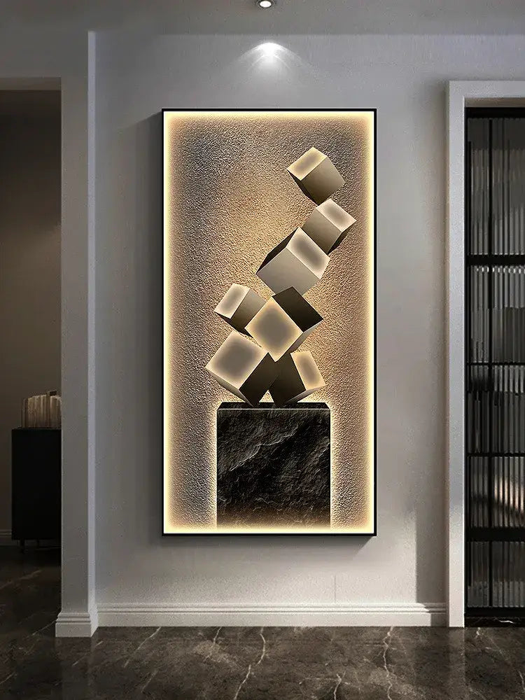 Modern abstract metallic led wall lamp with illuminated cubes suspended above a dark marble base for living room decor