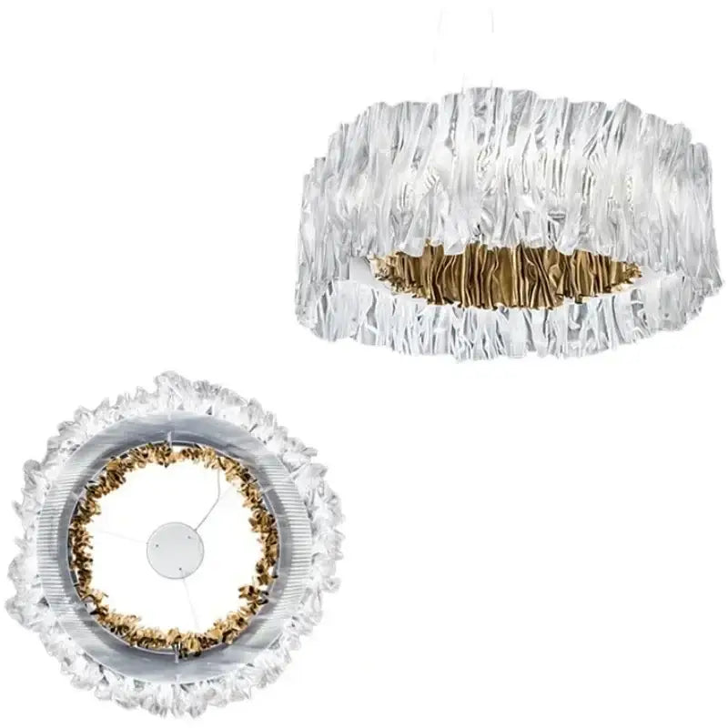 Modern acrylic ceiling chandelier with gold inner ring and clear ruffled glass outer shell for dining room lighting