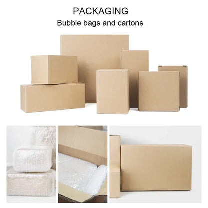 Brown cardboard boxes of various sizes wrapped in bubble wrap for modern acrylic display case with travertine base packaging