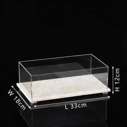 Modern acrylic display case with clear acrylic display box and beige travertine base for dining room use