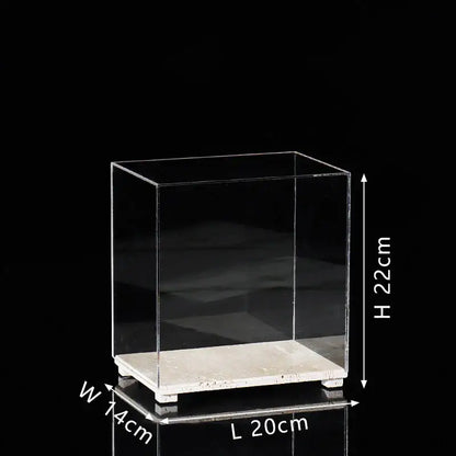 Modern clear acrylic display case with a white marble base designed as a stylish acrylic display for dining room use