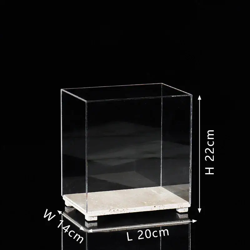 Modern clear acrylic display case with a white marble base designed as a stylish acrylic display for dining room use