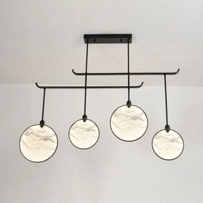 Modern acrylic led island lamp decorbites with black metal frame and four marble-patterned glass shades for tearooms