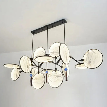 Modern acrylic led DecorBites circular fan island lamp with marble-patterned glass shades and black metal frame for tearooms
