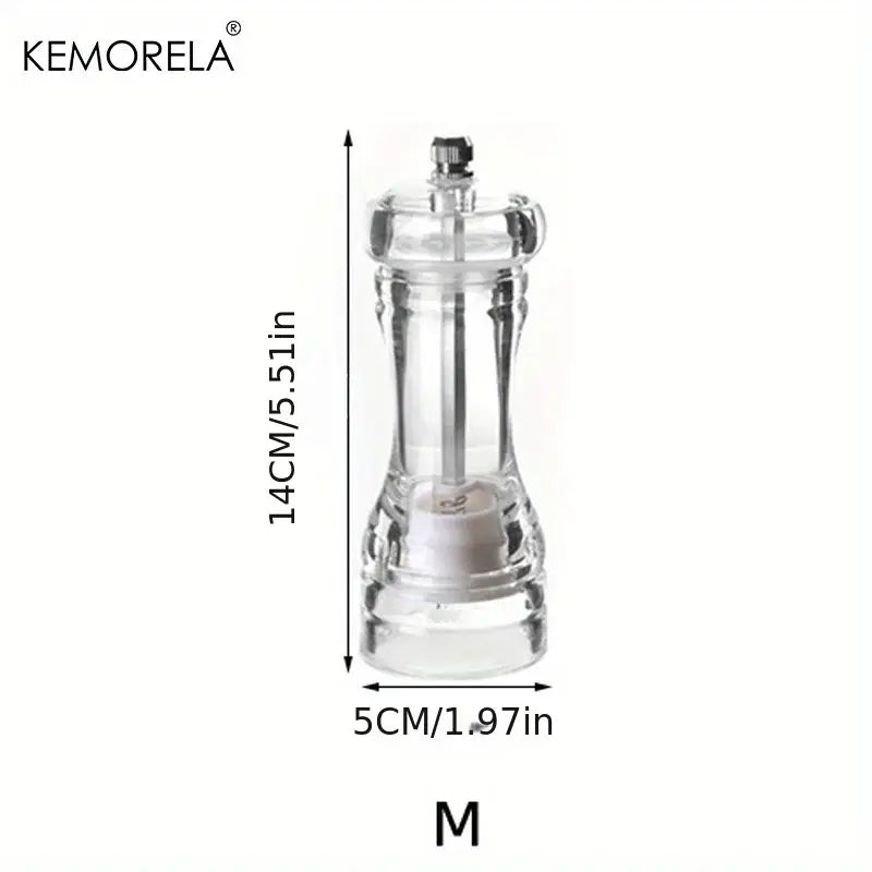 Clear glass decorbites acrylic manual pepper grinder with metallic top and side handles for kitchen use