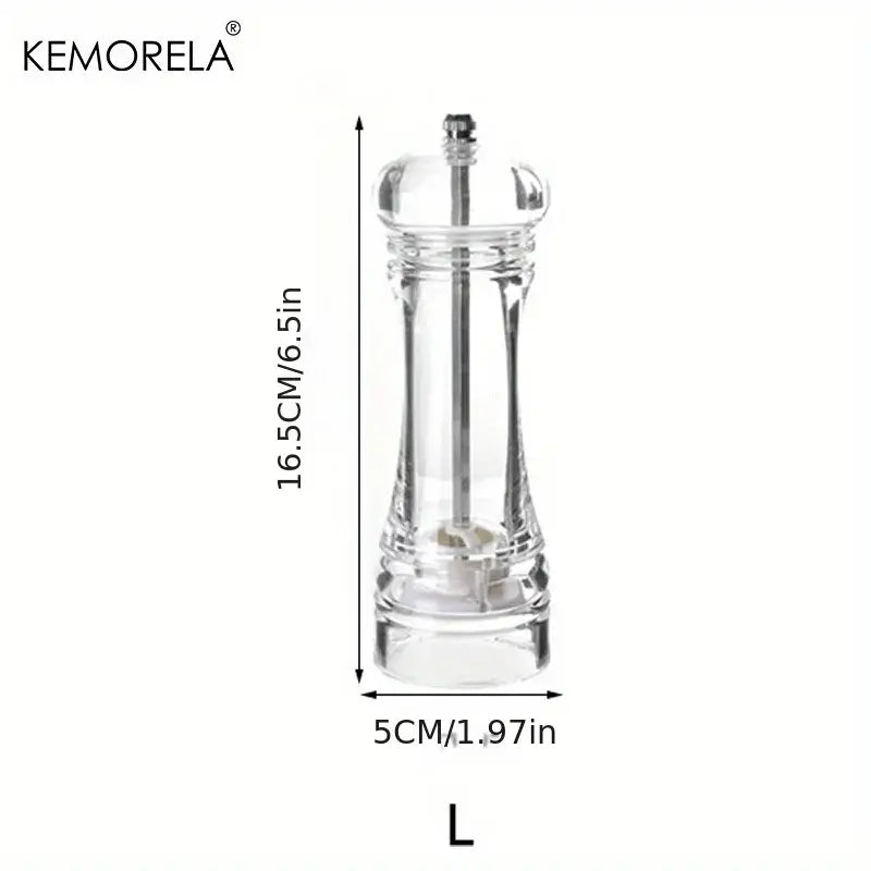 Clear glass acrylic manual pepper grinder with metallic mechanism and ridged base branded kemorela for kitchen use decorbites acrylic manual