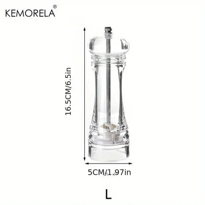 Clear glass acrylic manual pepper grinder with metallic mechanism and ridged base branded kemorela for kitchen use decorbites acrylic manual