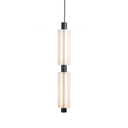 Modern acrylic minimalist pendant lights featuring two frosted glass cylinders separated by black metal rods for bedroom decorbites