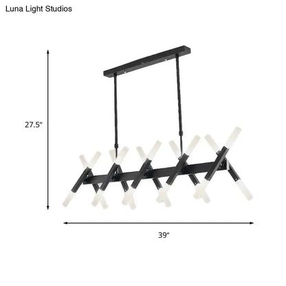 DecorBites™ black metal tube island pendant light with white frosted glass shades in geometric cross pattern